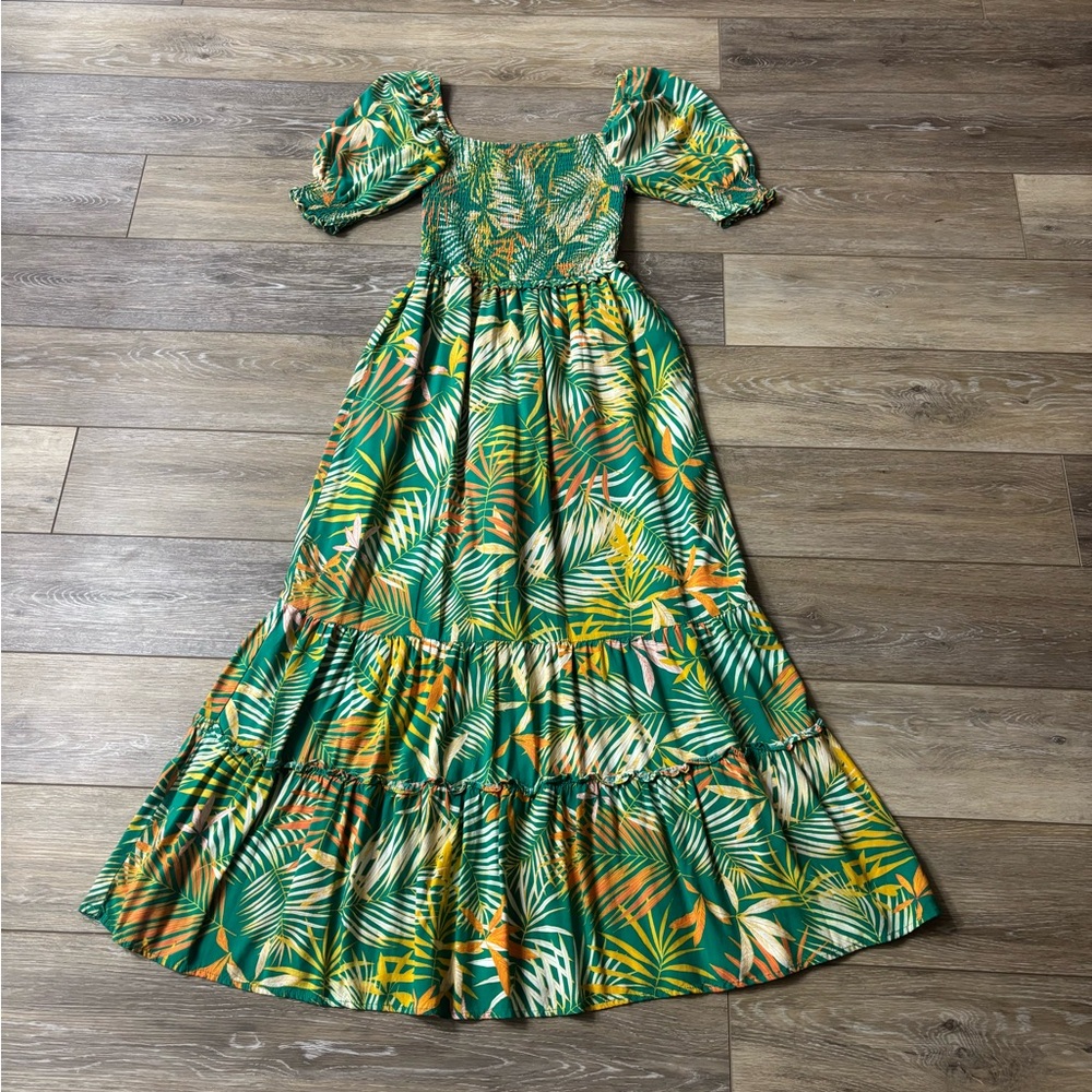 Betsey Johnson Dress XS Green Tropical Palm Tiered Maxi Ruched Beach Vacation